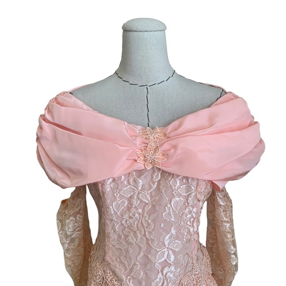 Vintage 80s Pink Lace Off Shoulder Dress Dress with Matching Gloves XS Prom - Picture 2 of 14